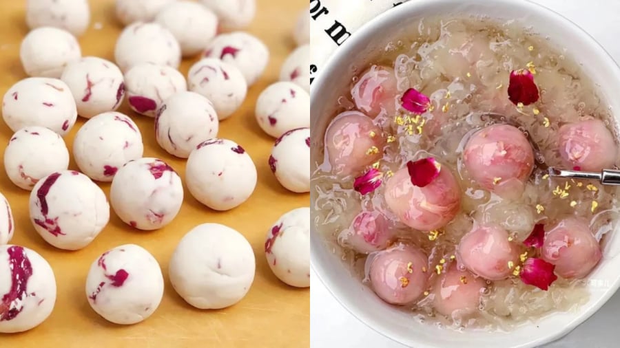 Món chè nấm tuyết trân châu hoa hồng là sự lựa chọn lý tưởng khi thời tiết lạnh hoặc chuyển mùa