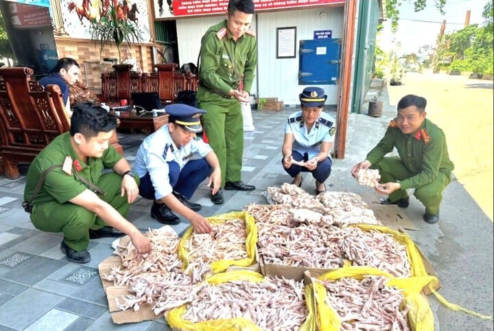 Lực lượng chức năng kiểm tra lô hàng gần 5 tạ chân gà, đuôi lợn không có hóa đơn chứng từ tại công ty Ngọc Khang (Nghệ An)