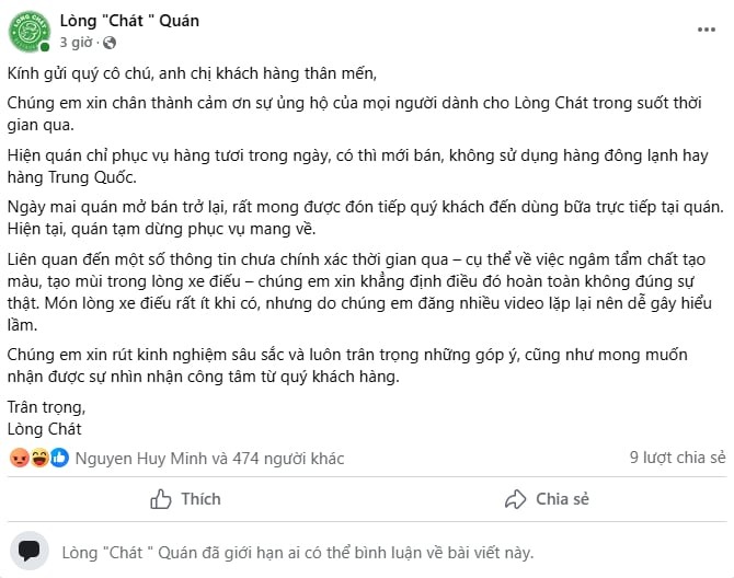 Lòng Chát Quán mở cửa trở lại, tạm dừng bán mang về